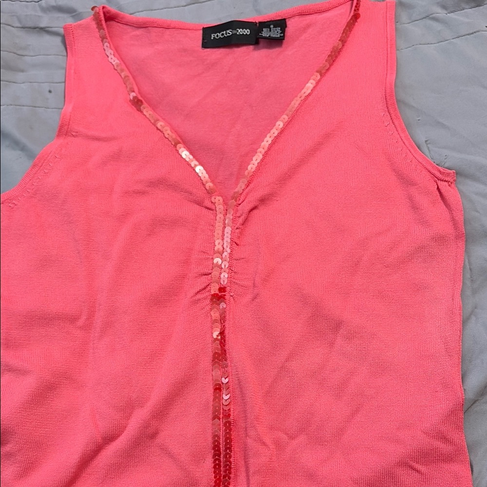 Focus 2000 Orange Pink Ruched Tie Front Tank Top